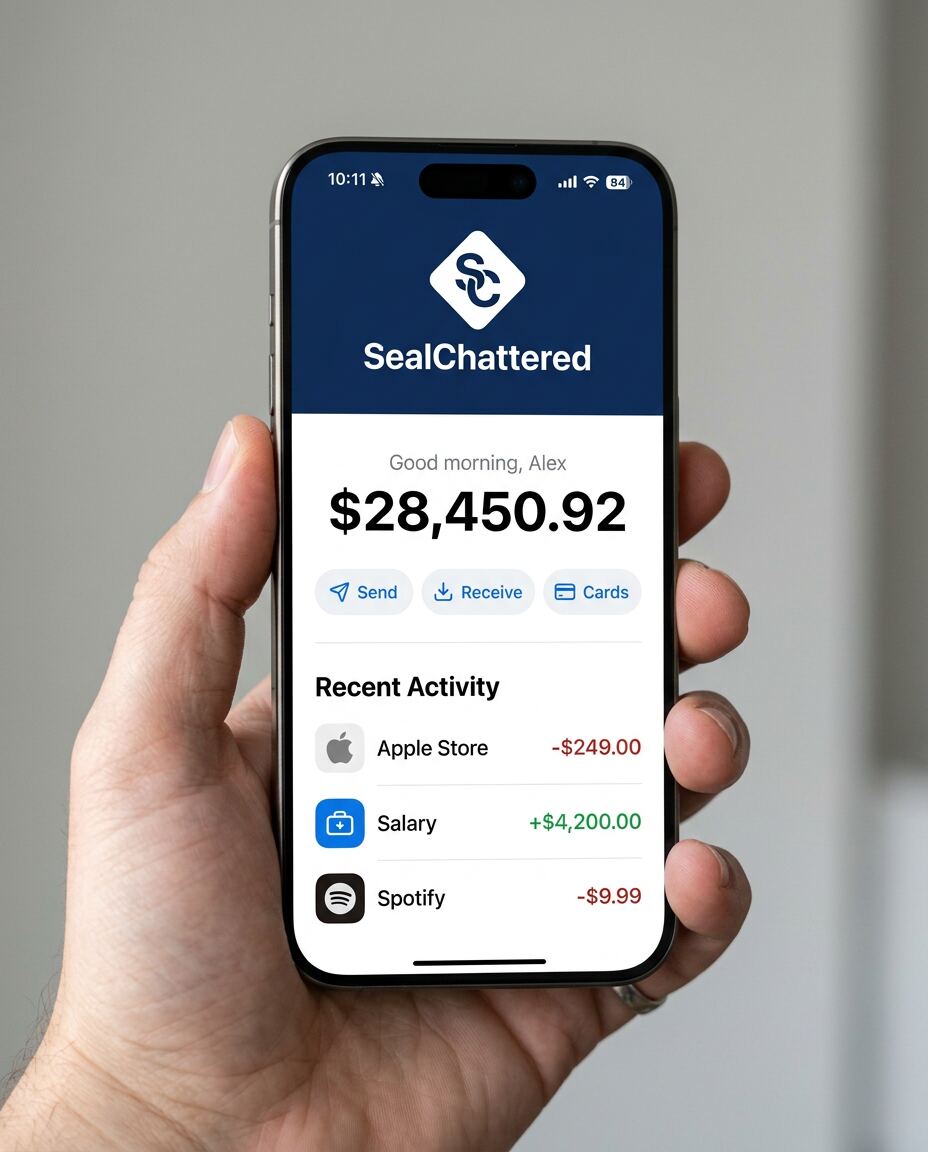 SealChattered iPhone banking app held in hand