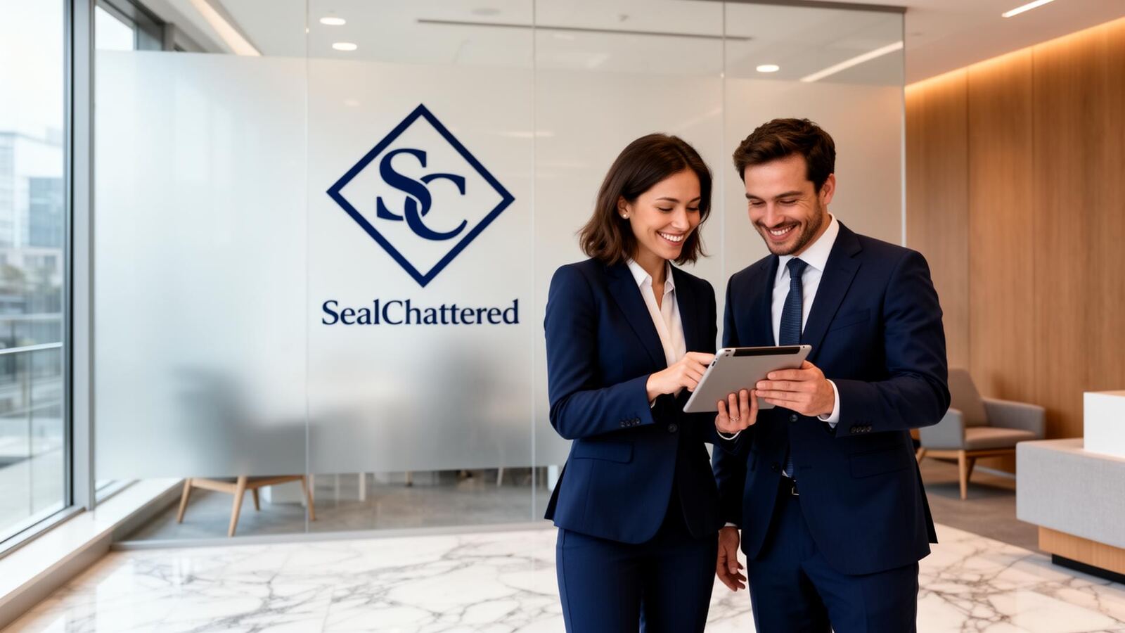 Banker advising a client at a modern bright desk